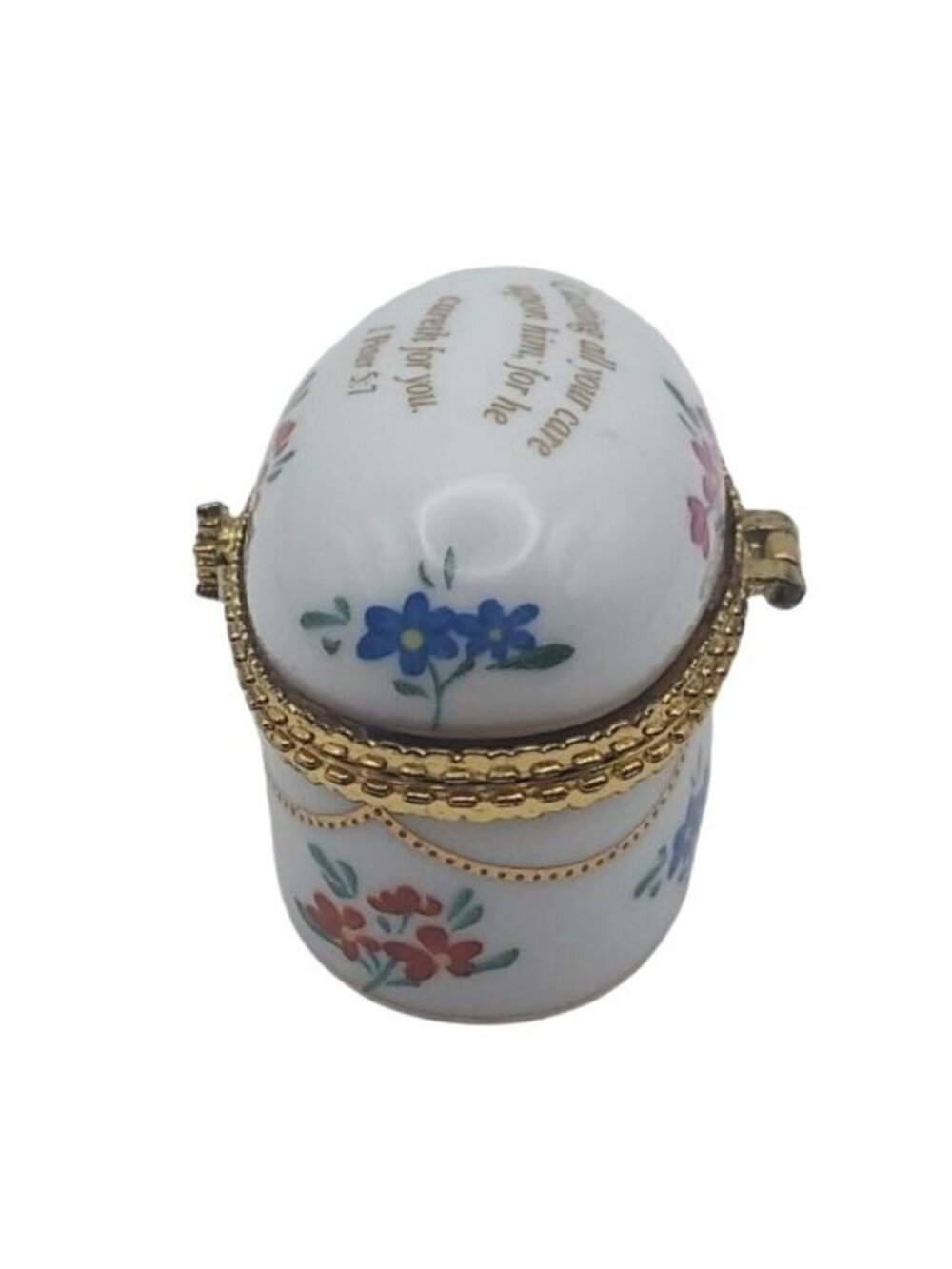 Imperial Porcelain Floral Hinged Oval Trinket Box w/ 1 Peter 5:7 Bible Verse - Picture 3 of 7
